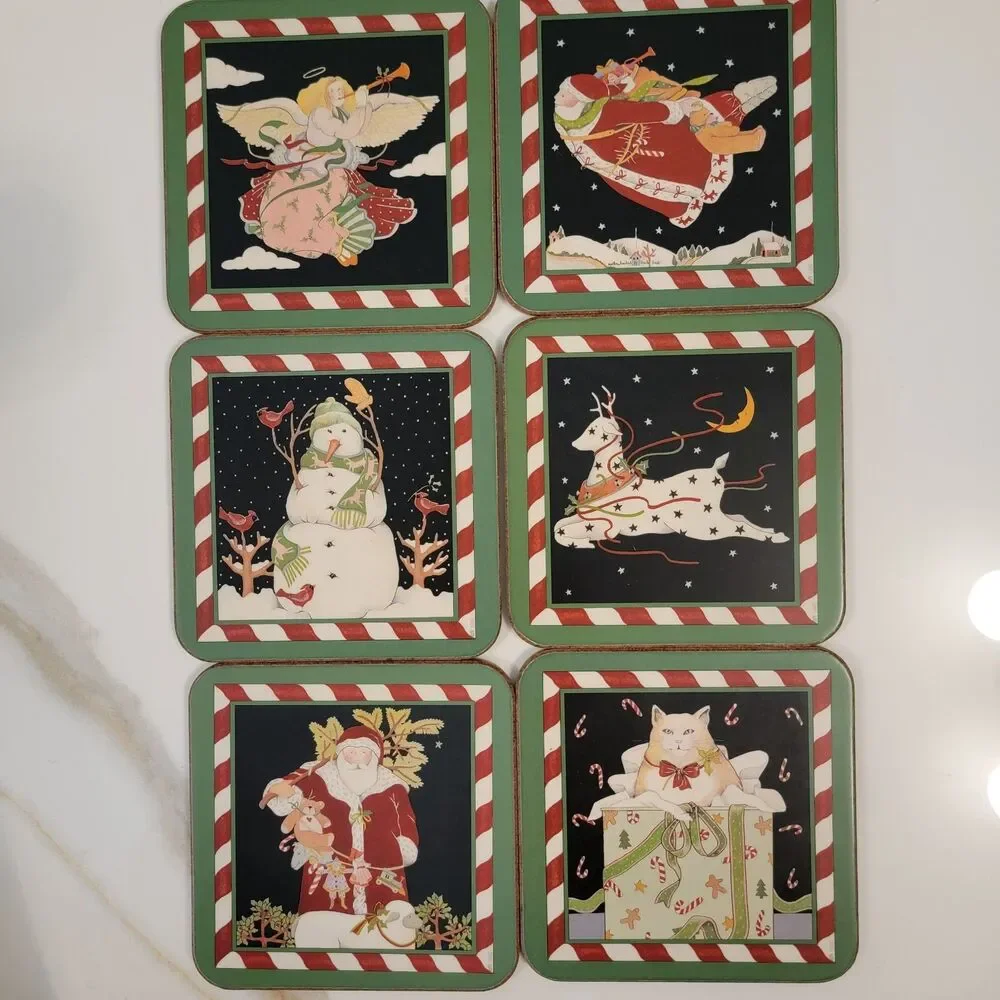 Pimpernel CANDY STICKS 6 Set Vintage Christmas Themed Cork Backed Wood Coasters
